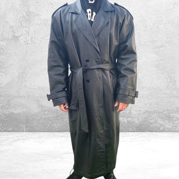 Leather Button Front Belted Trench Coat Men's Black Size XL - Picture 4 of 16